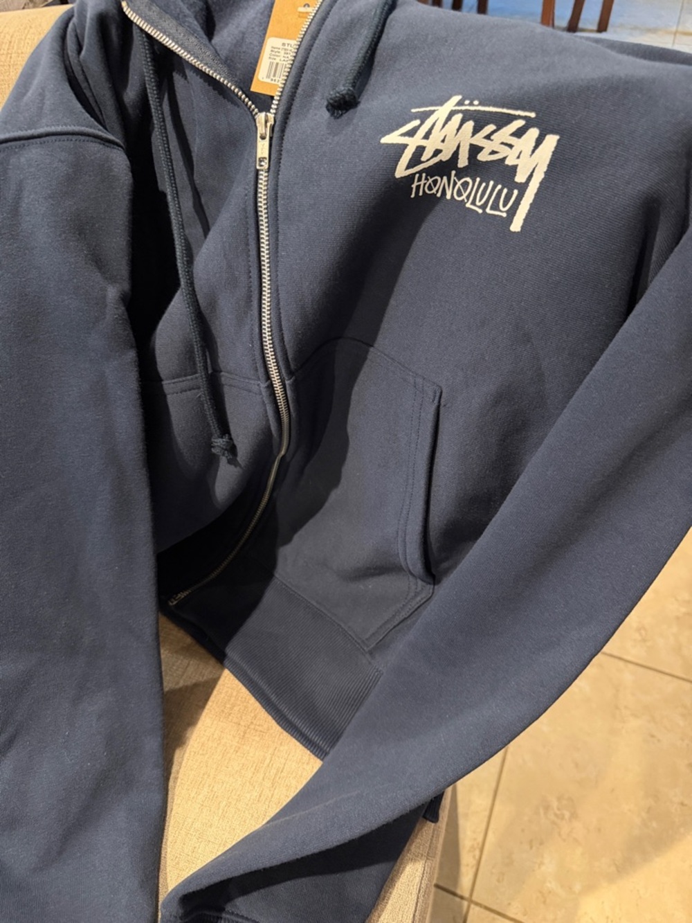 NWT Stussy Honolulu Navy with White Script Large Zip Hoodie - Picture 6 of 6